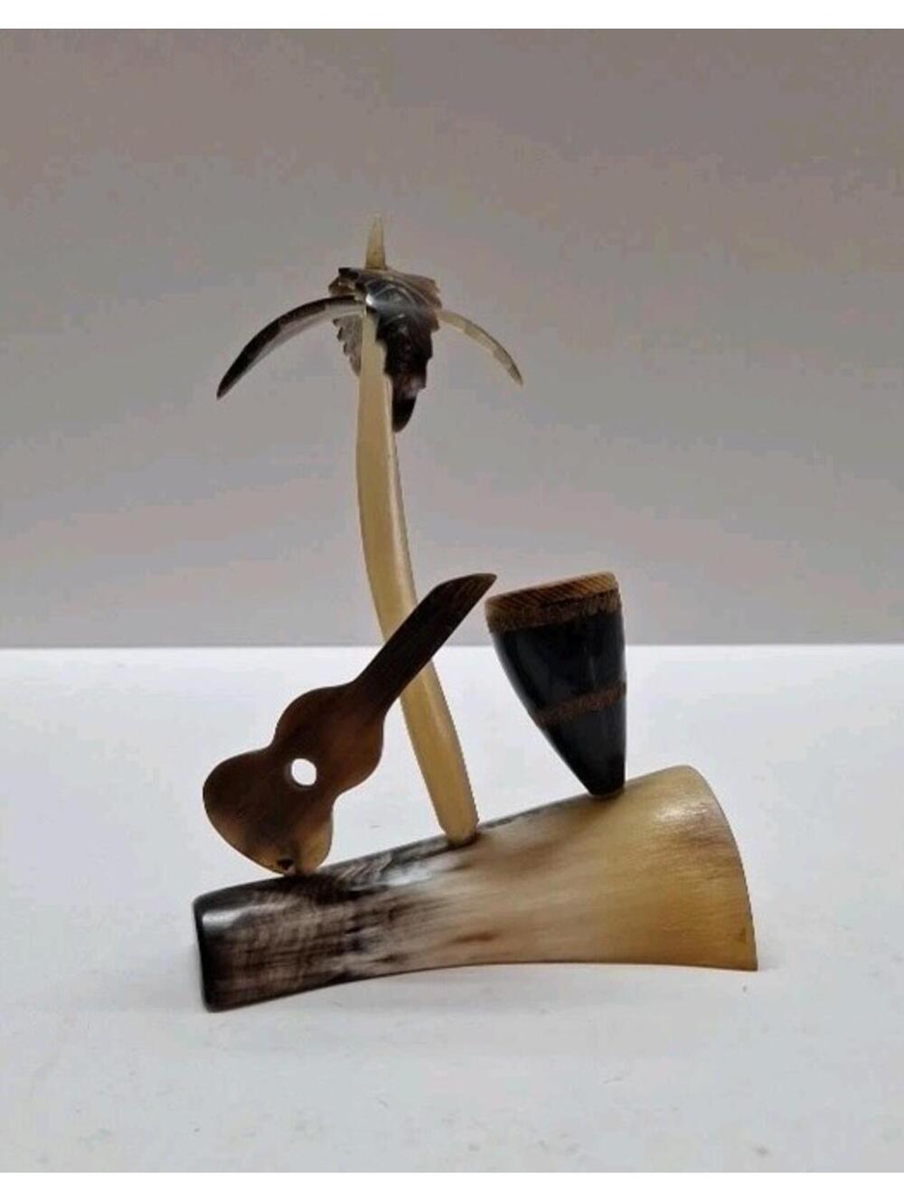 1950-1960 Ox Horn Sculpture, Palm Tree, Guitar, Drum 5.5 Inch Vintage